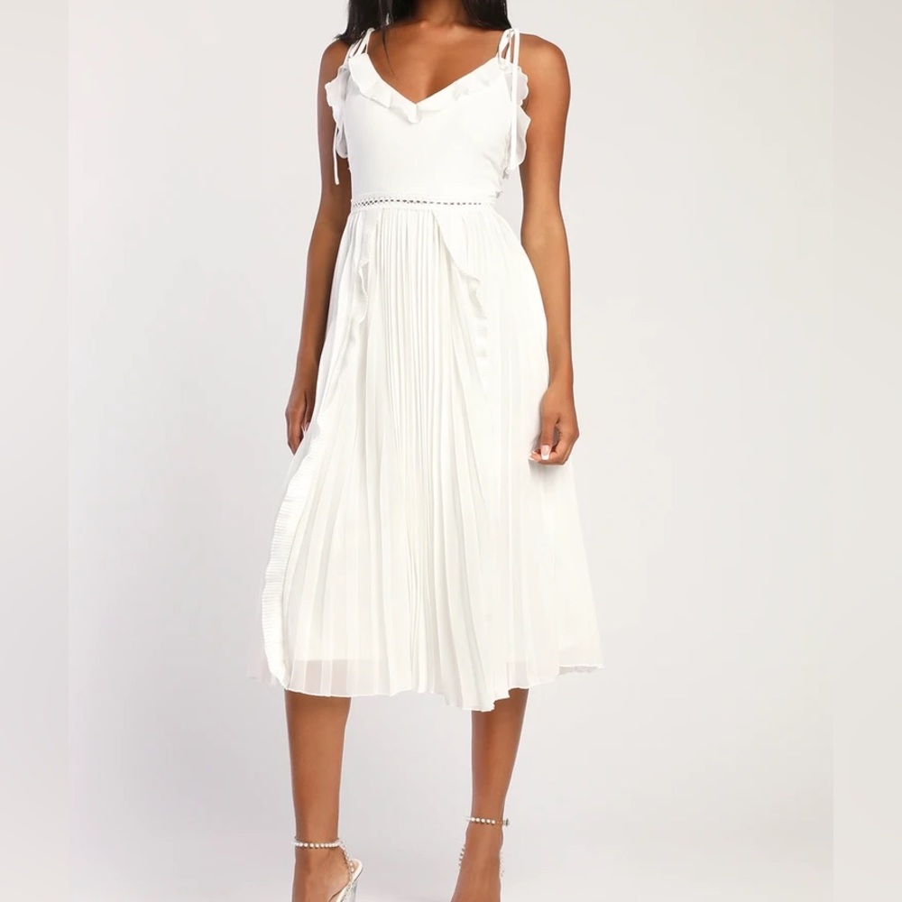 Lulus Never a Dull Moment White Tie-Strap Pleated Midi Dress